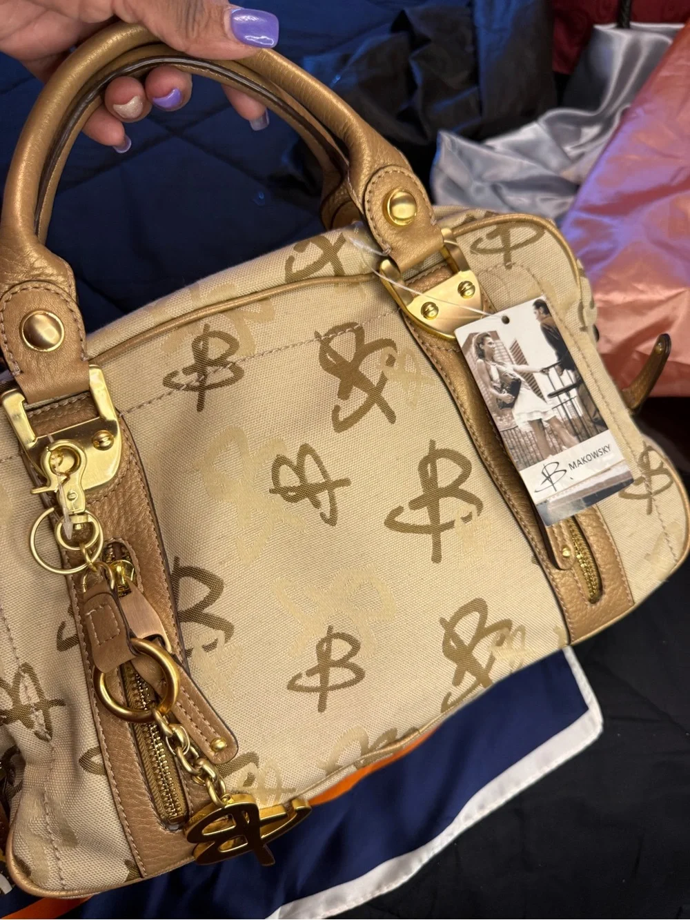 B. Makowsky  Beige Logo Satchel with Gold Accents